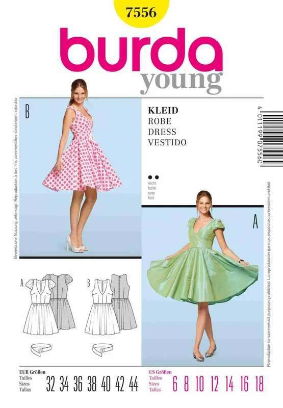 Ny produkt - Burda 7556 klänning dam, stl 32-44
